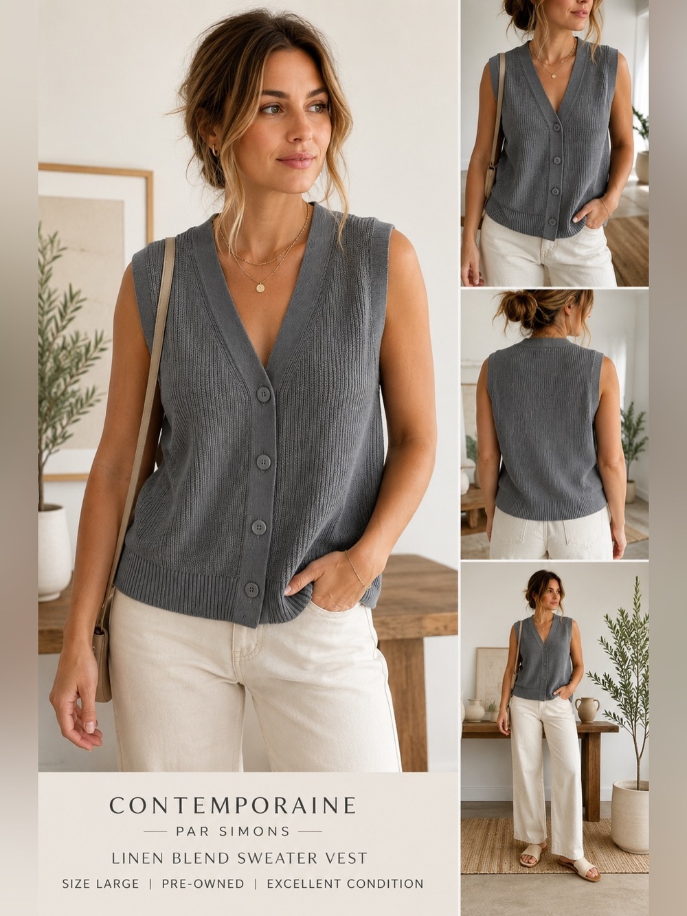 Contemporaine Par Simons Linen Blend Sweater Vest Gray Button Front Women’s L